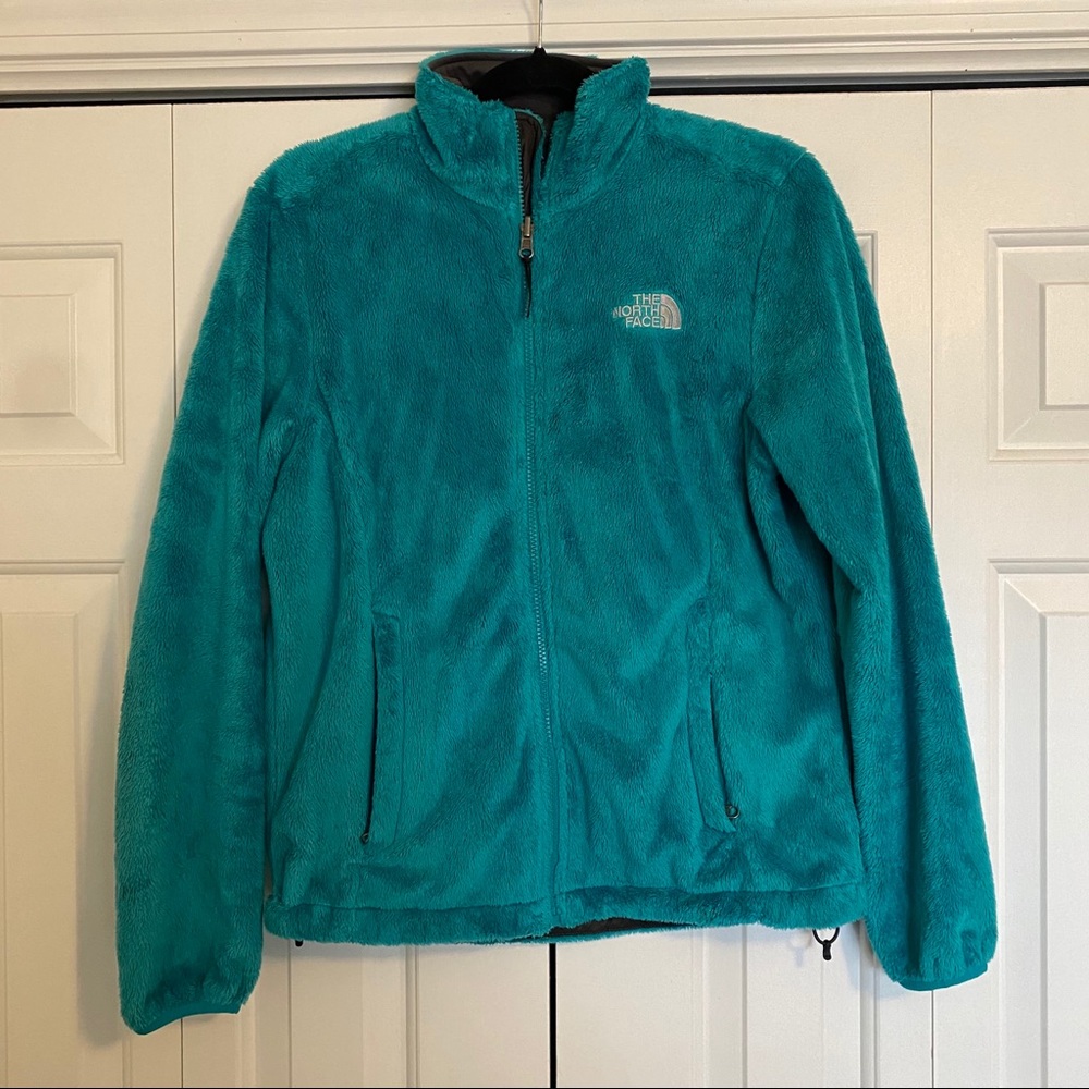North Face teal fuzzy zip up jacket; size M